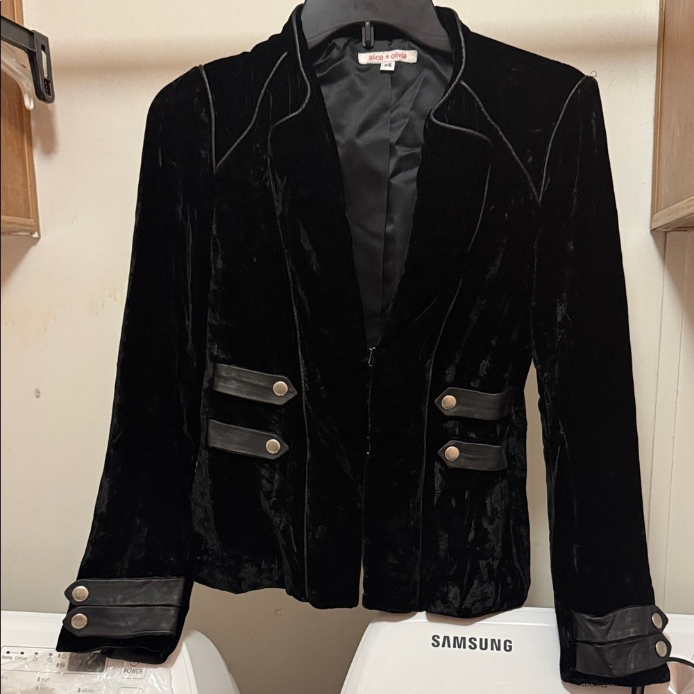 Alice + Olivia Black Velvet Blazer with Leather Accents